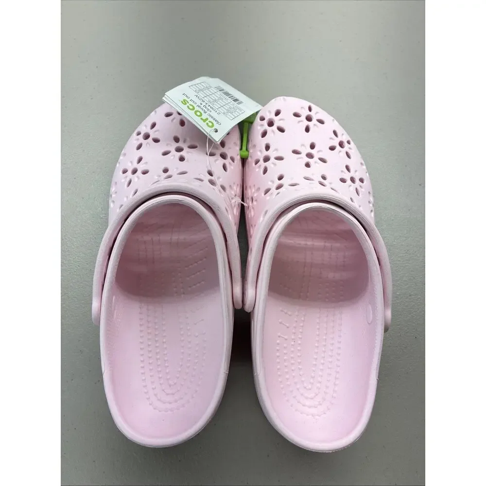 Crocs Kids' Classic Floral Cut Out Clogs Light Pink #210943-6ZW Size 5 J5 New